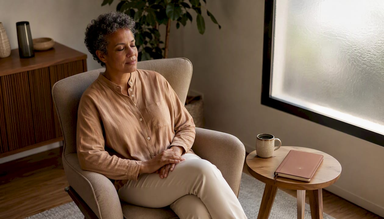 Patient quietly reflecting in soft-lit therapy space