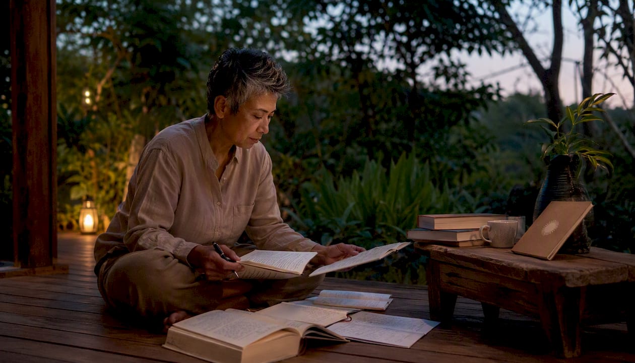 Person reflecting in home study room with psychology books