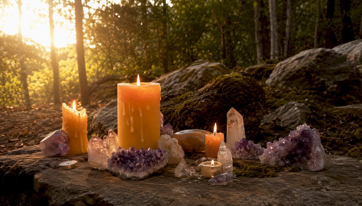 Altar with candles and crystals in golden light