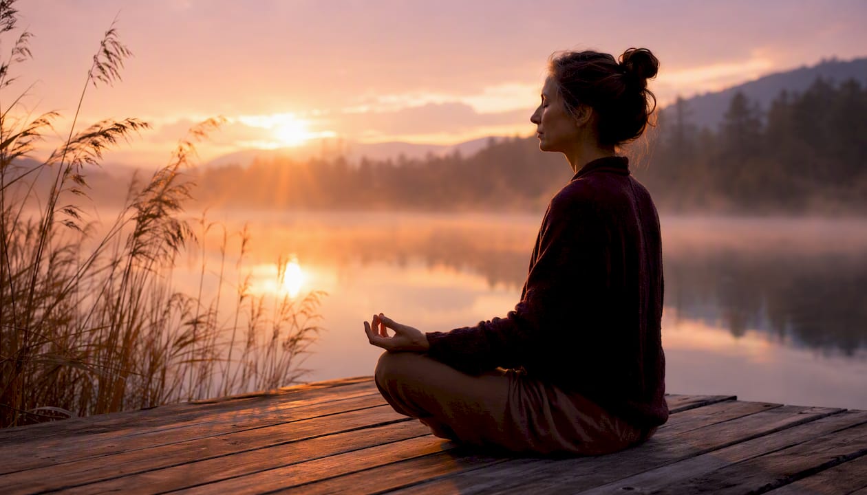 Person meditating peacefully at sunrise in nature