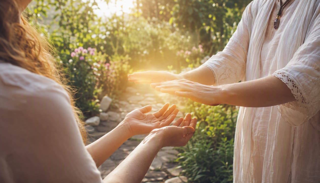 Hands performing energy healing with soft golden light