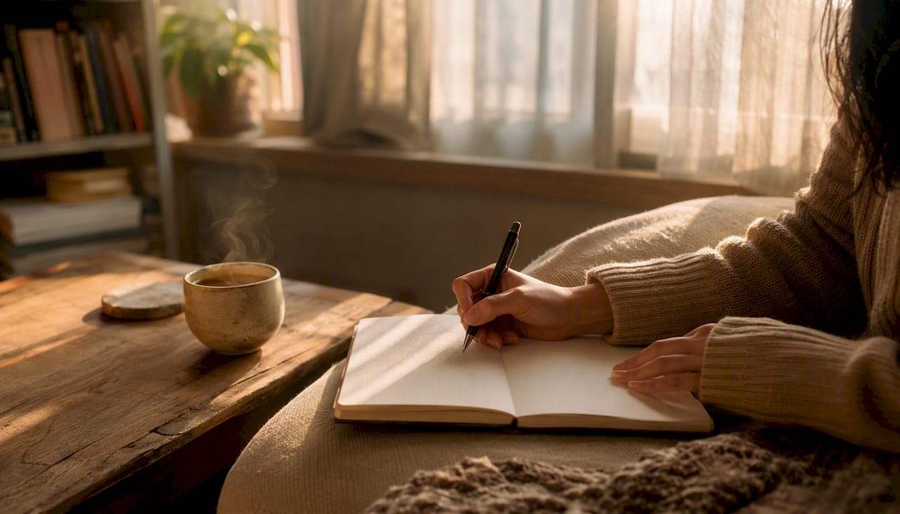 Hands writing on notebook in warm light