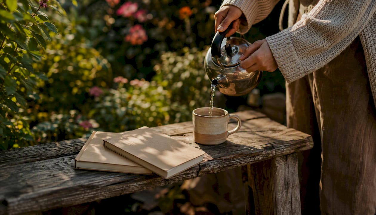 Hands pouring water into a mug in calm room