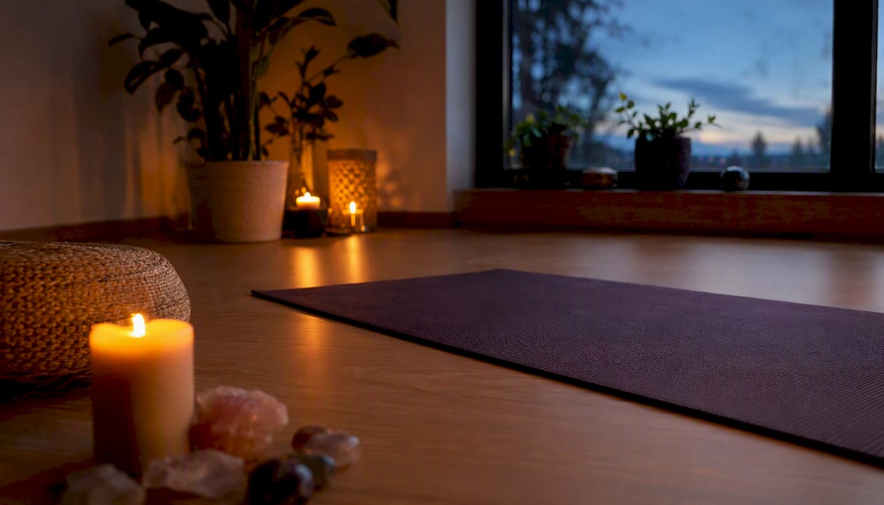 Yin yoga mat with candle and crystals