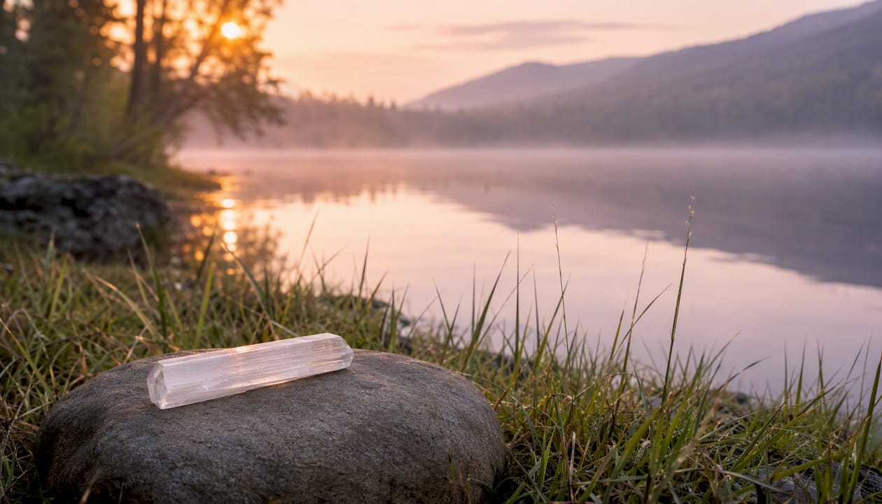 Sunrise over a calm lake with crystals on dock