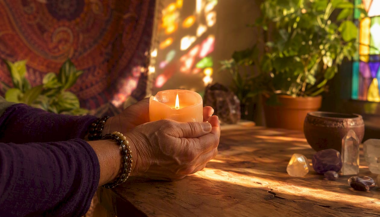 Hands holding glowing candle and incense smoke