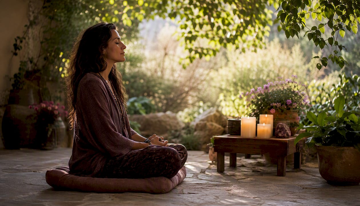 Meditation cushion with candlelight and incense