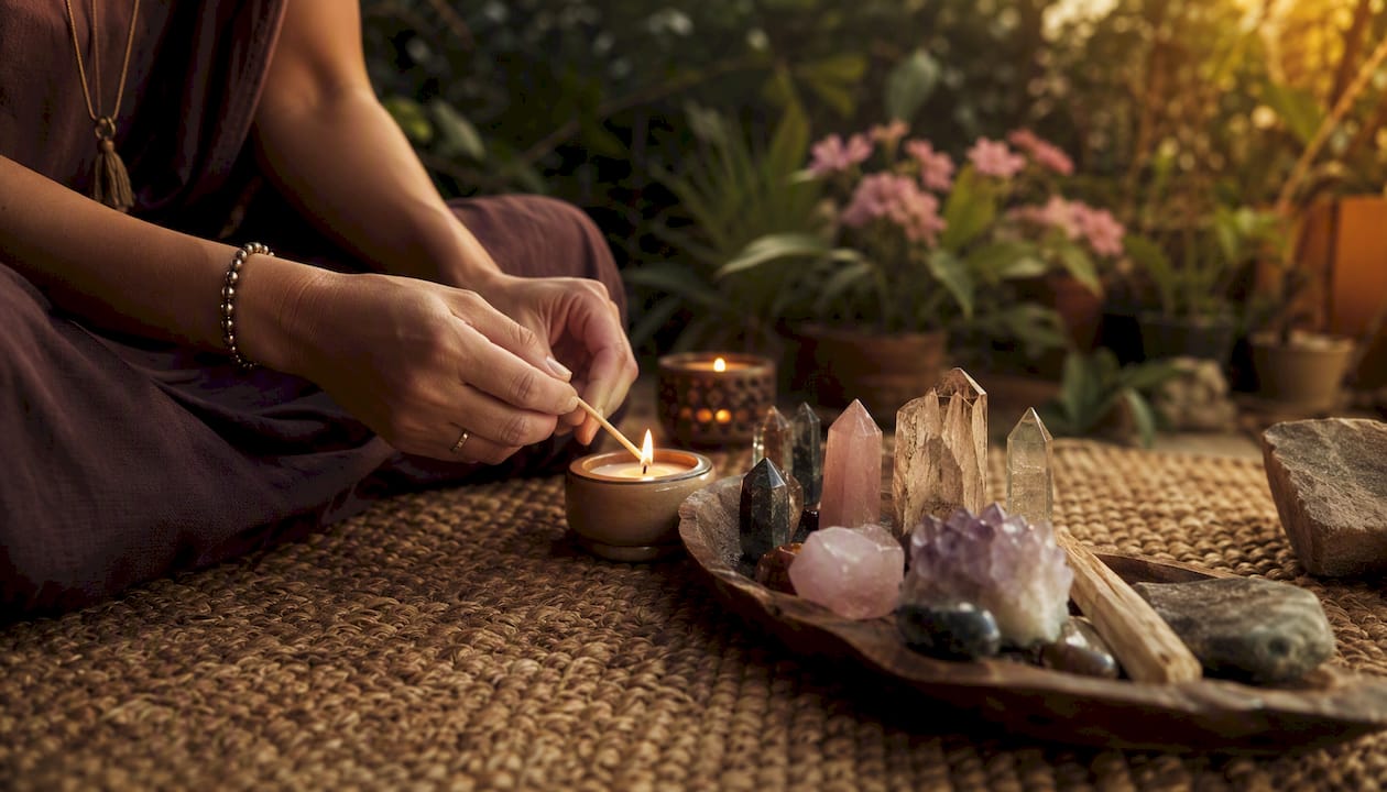 Hands lighting candle by meditation cushion