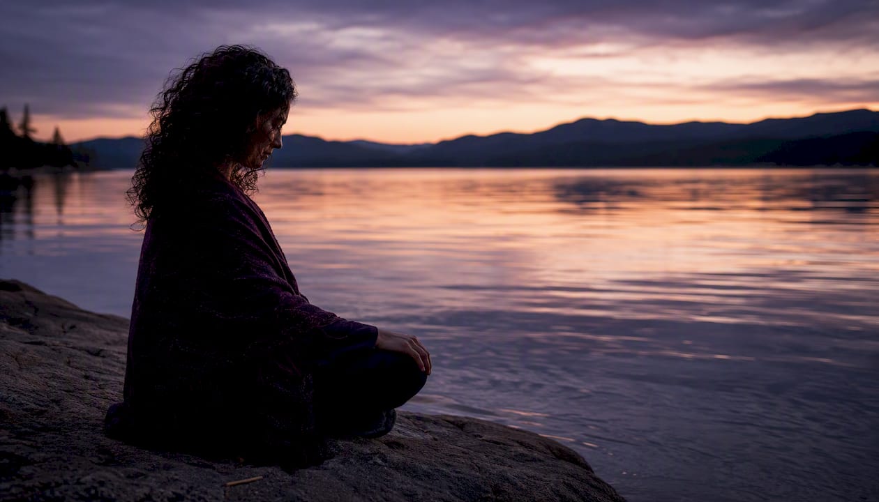 Contemplative meditator outdoors in golden light