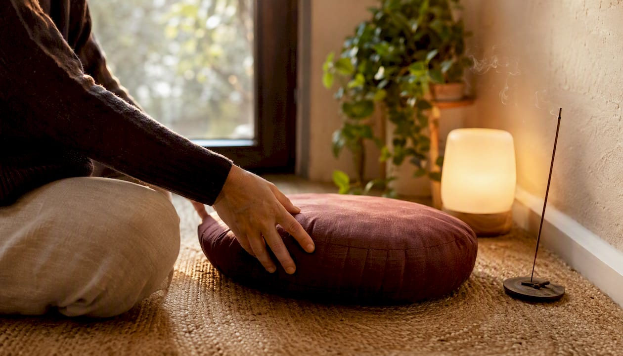 Hand shifting meditation cushion near candle