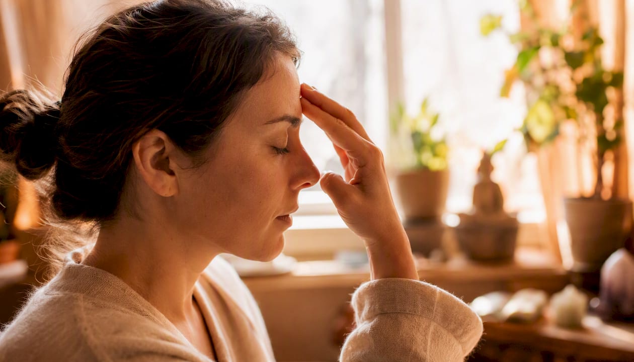 Hand tapping acupressure points on face