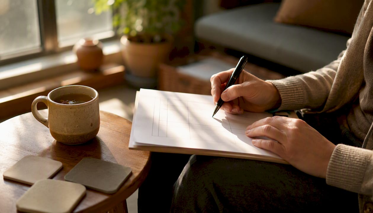 Hands filling out therapy tracking log