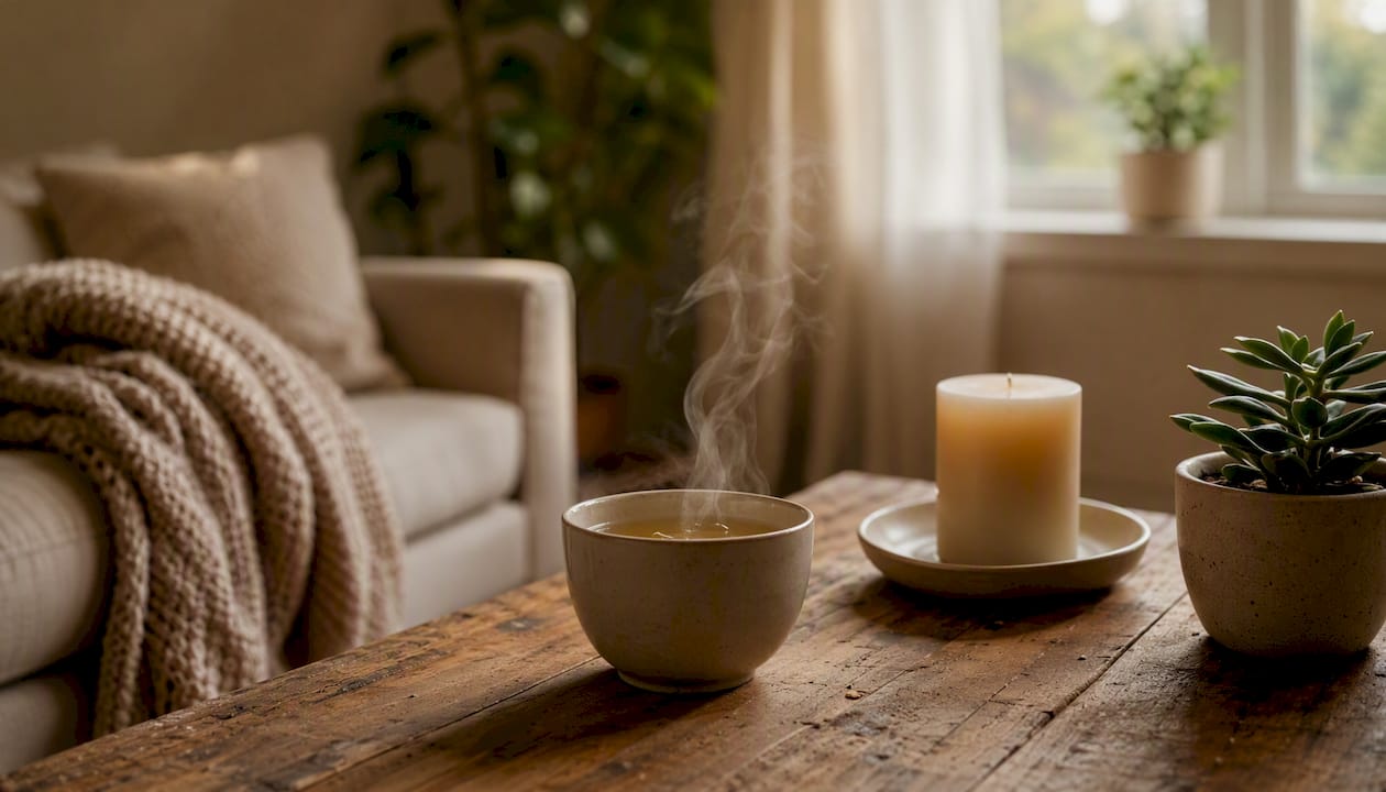 Cozy table corner with tea and scarf
