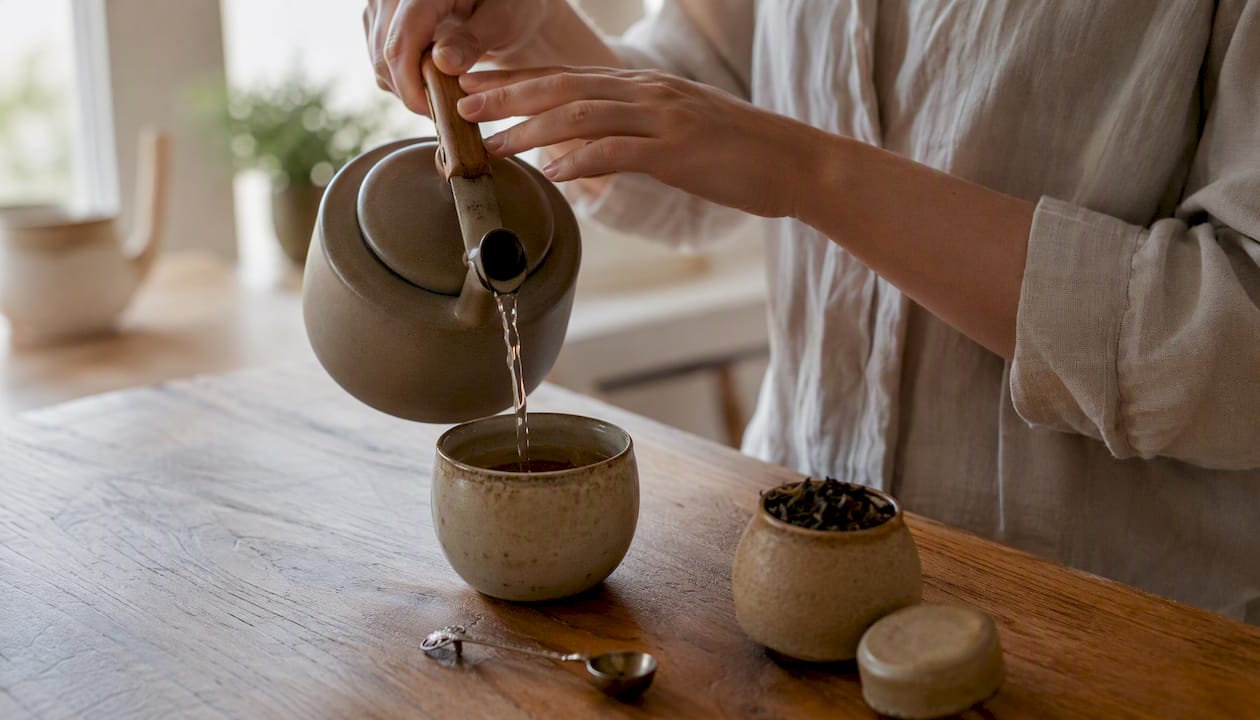 Hands pouring water into ceramic cup