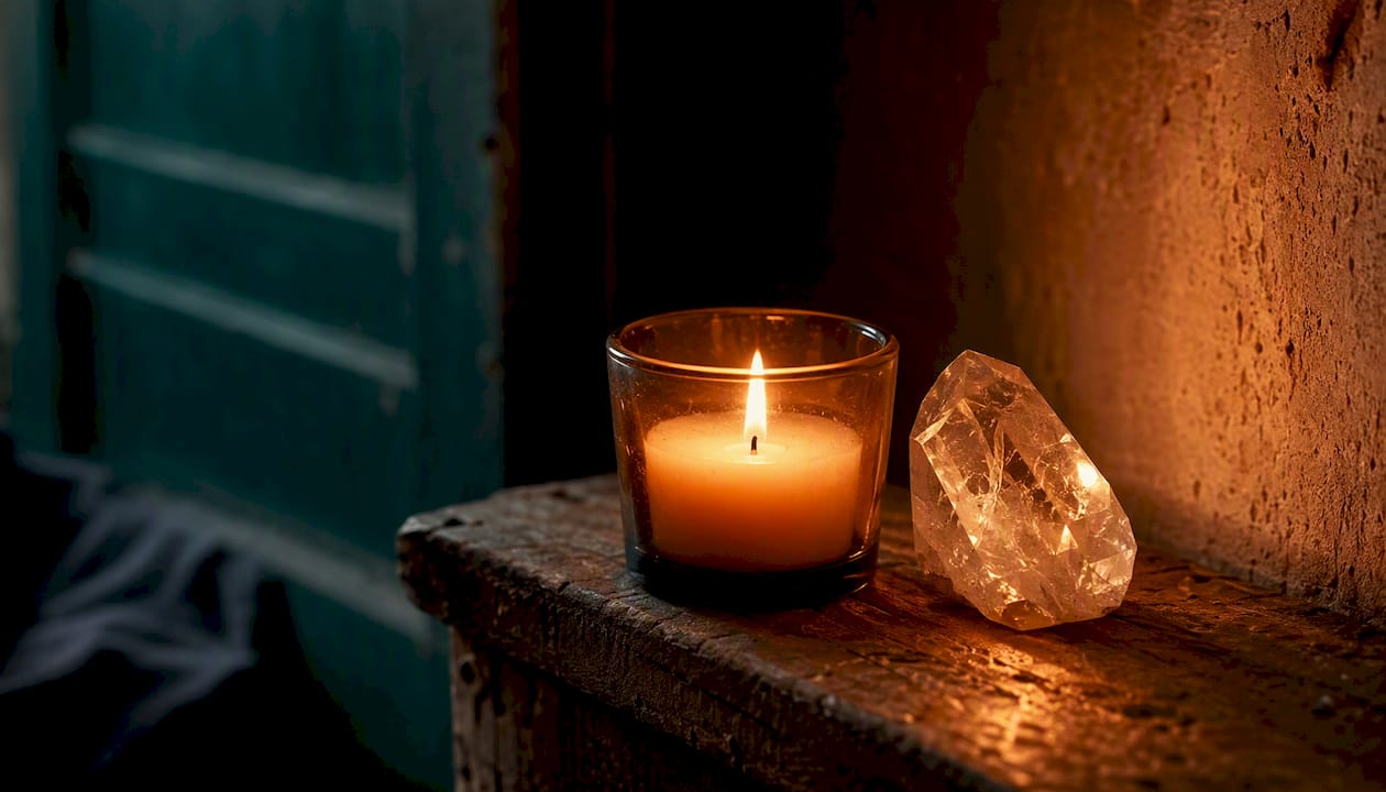 Flickering candle and crystal in warm meditative space