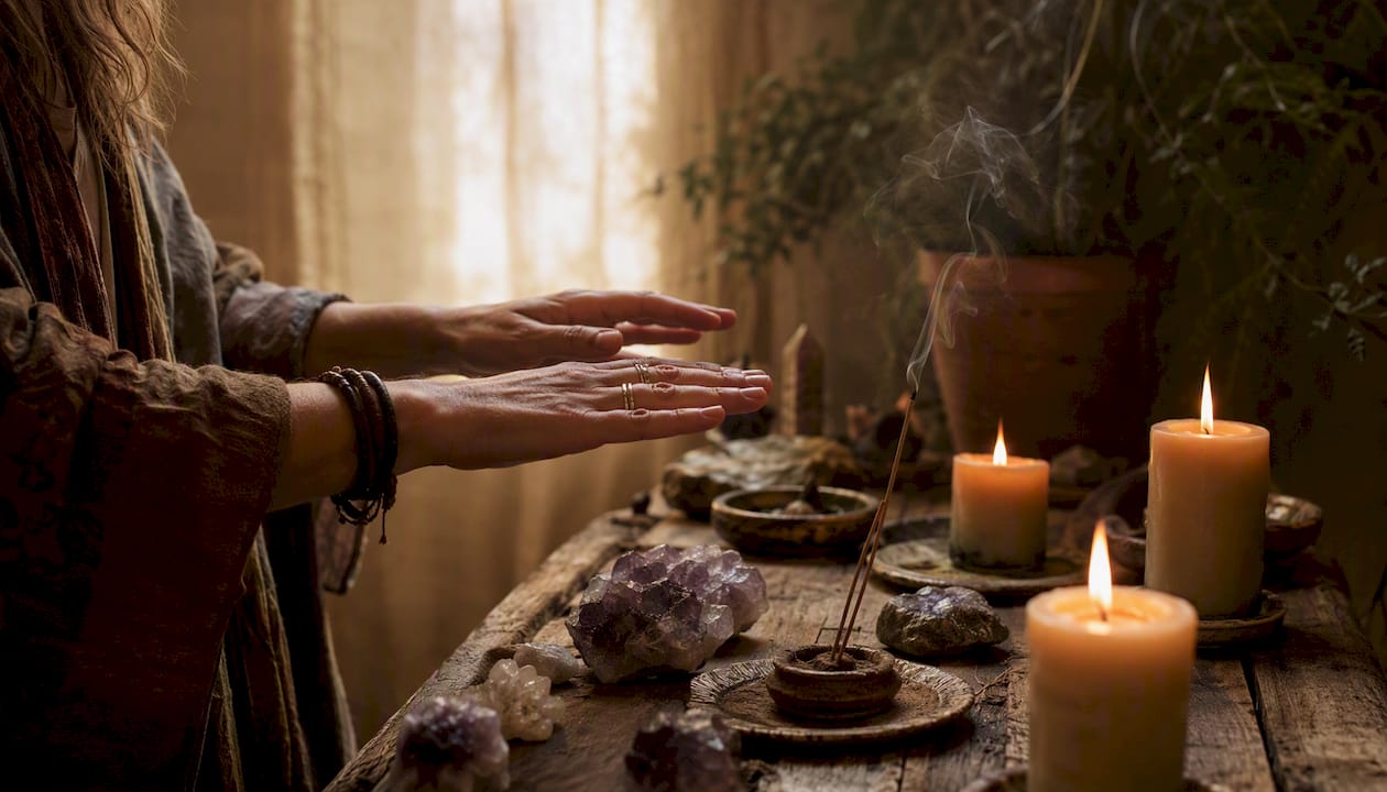 Hands performing healing ritual over candles and crystals