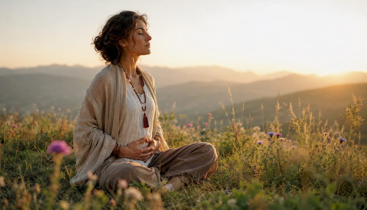 Person practicing calm breathing at sunrise