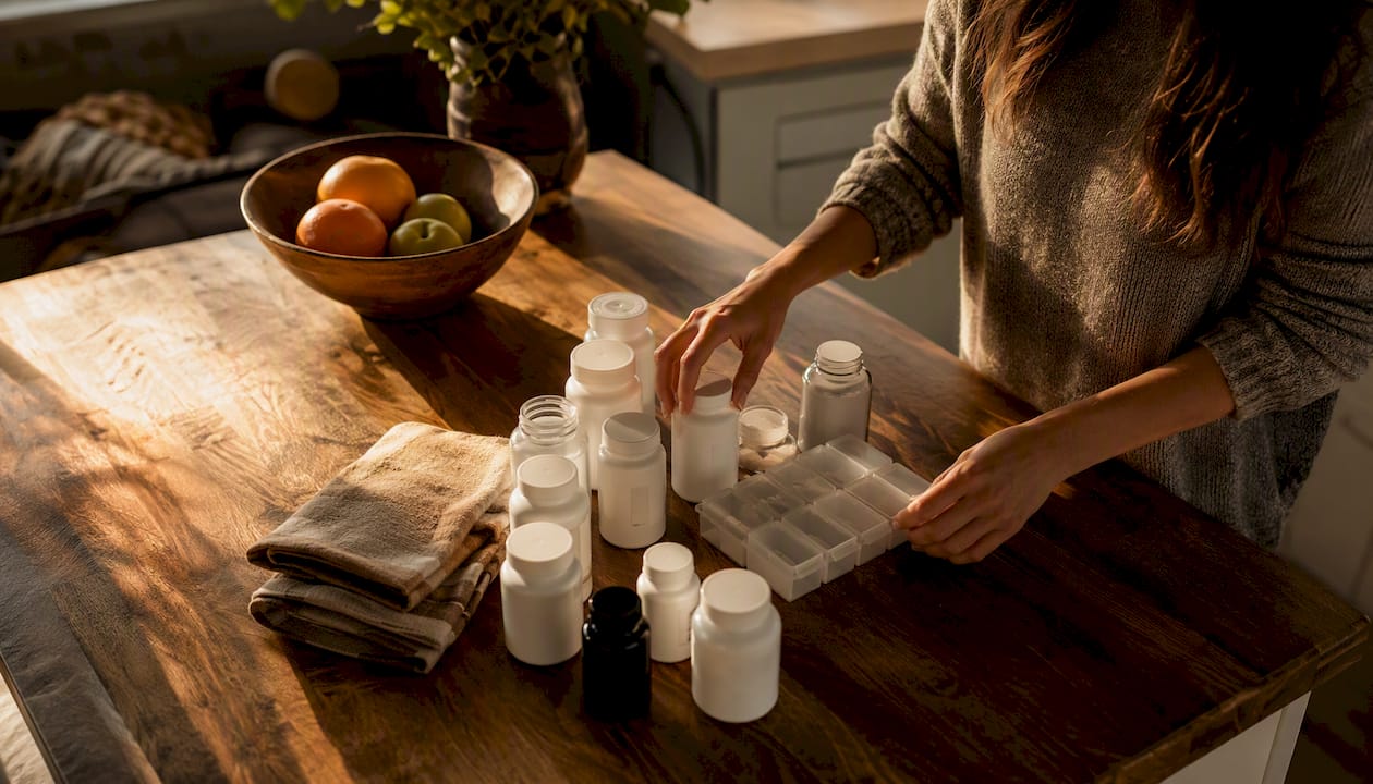 Hands organizing medication bottles on home desk