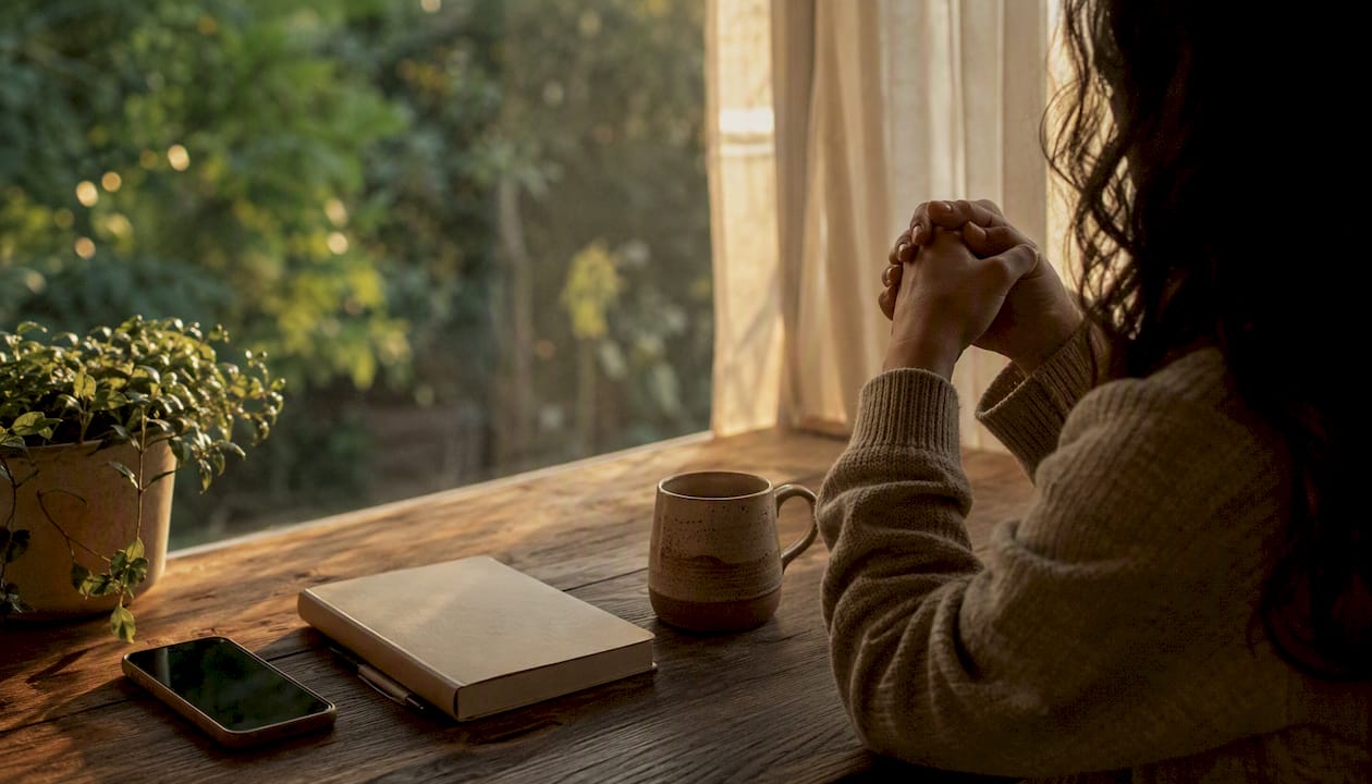 Hands poised with pen by journal on table near window