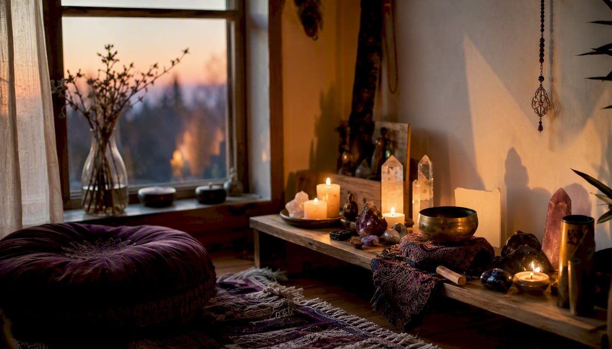 Healing altar with candles and crystals