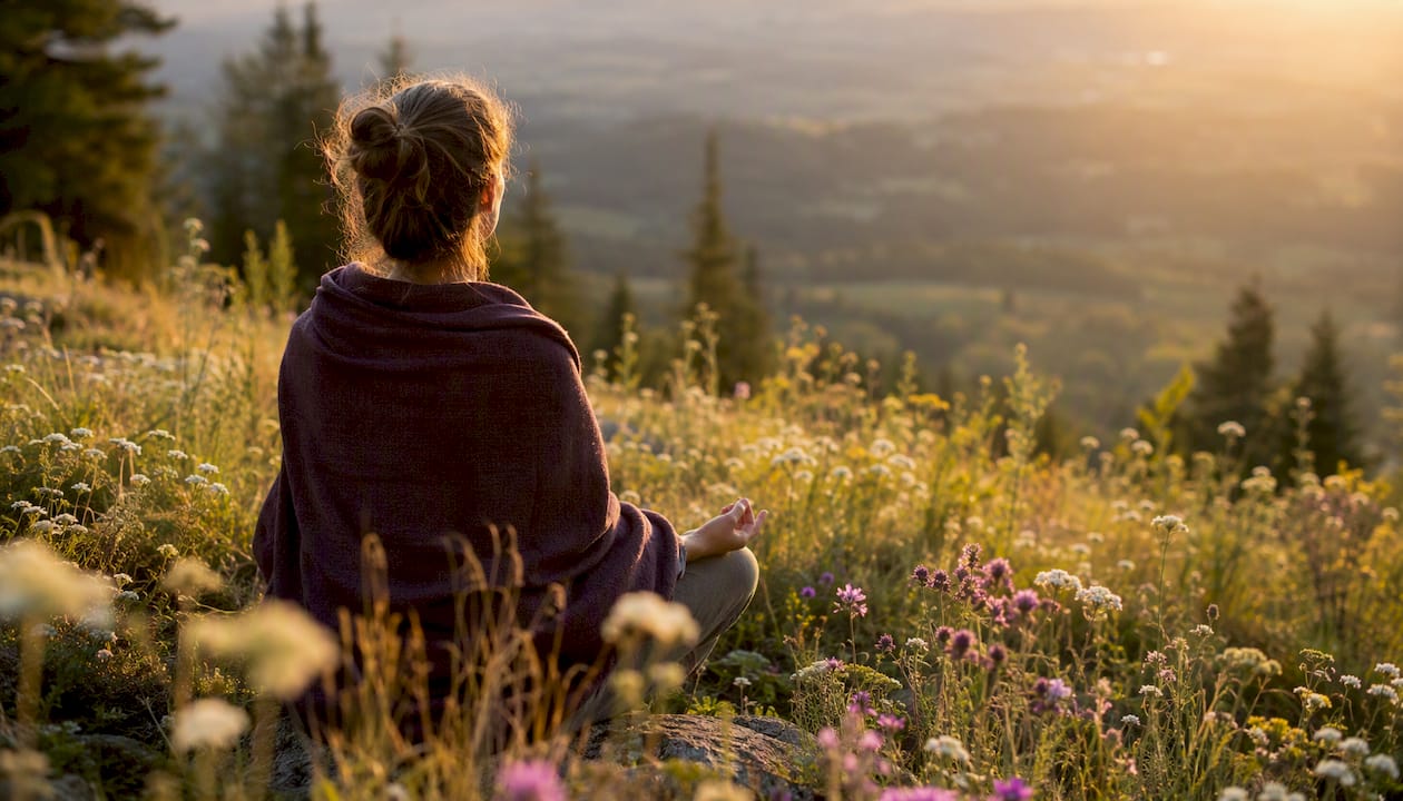 Solitary meditator in forest at sunrise