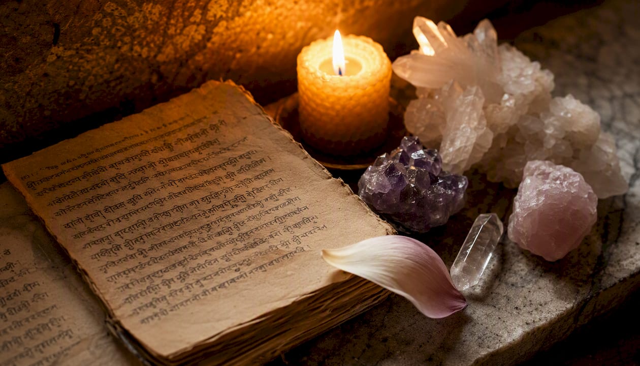 Ancient manuscript with crystals and candlelight