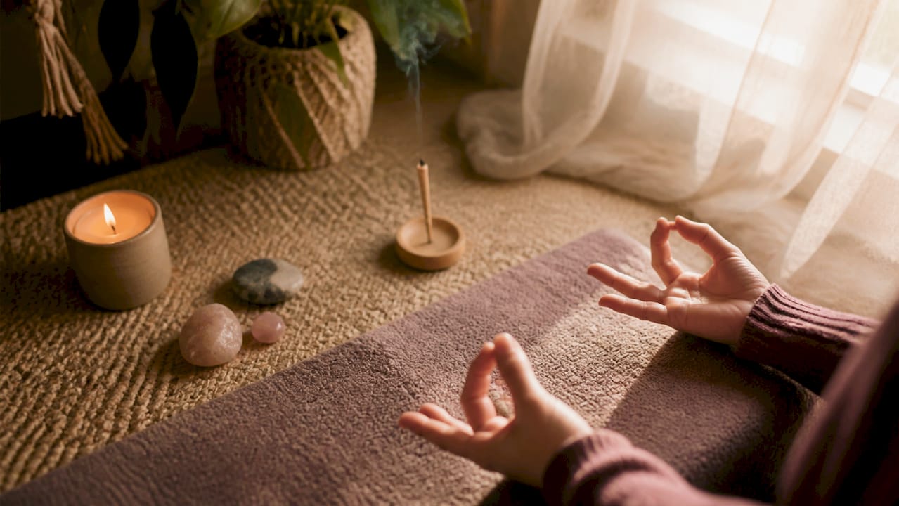 Hands performing yoga mudra with candle and crystals