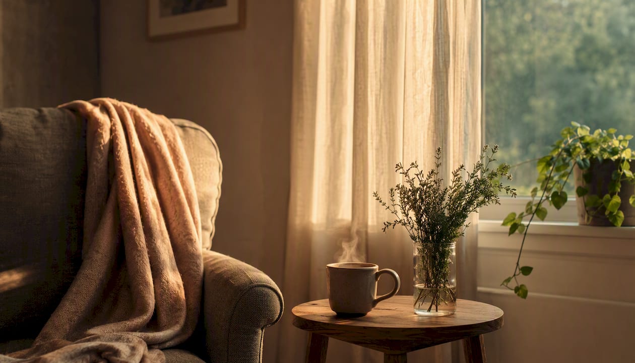 Tea cup and greenery on wooden table in warm home corner