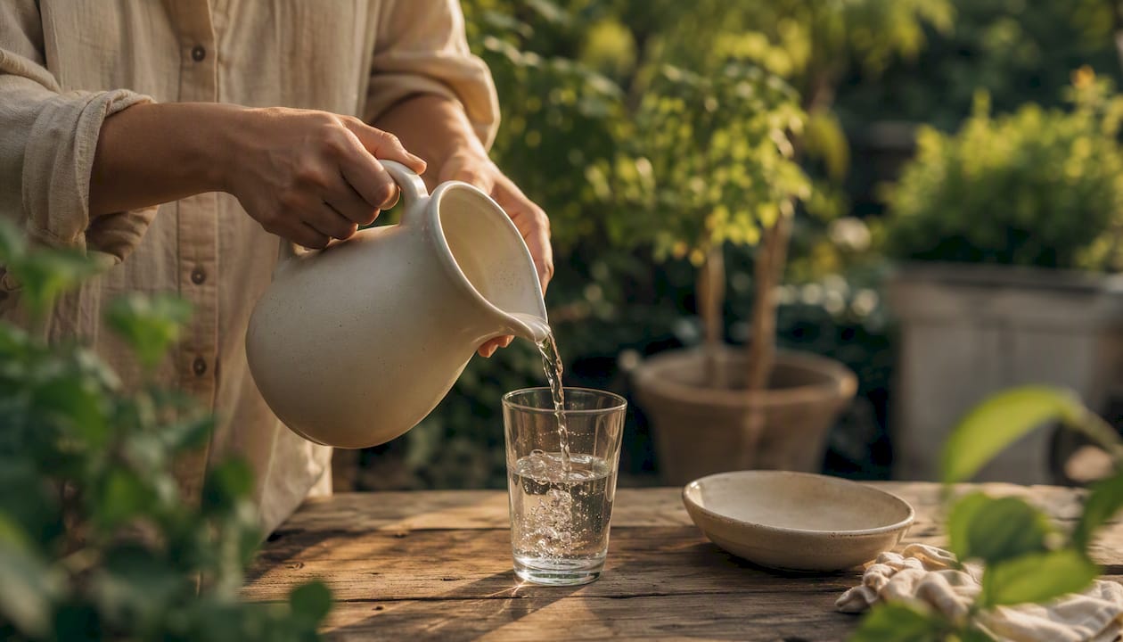 Hands pouring water from ceramic pitcher into glass