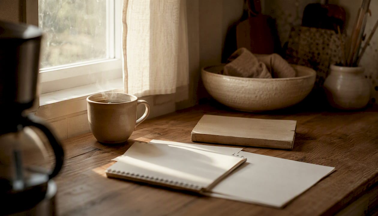 Table with journal and tea for session notes