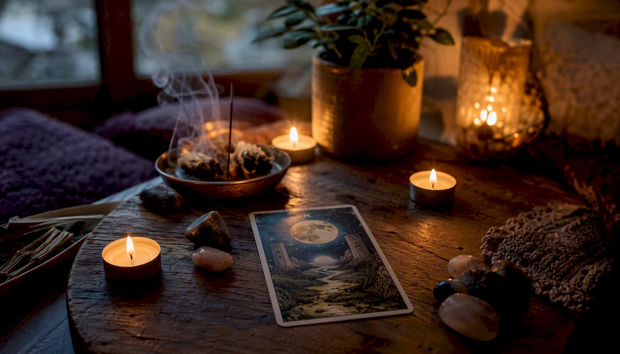 The Moon tarot card with crystals and candlelight