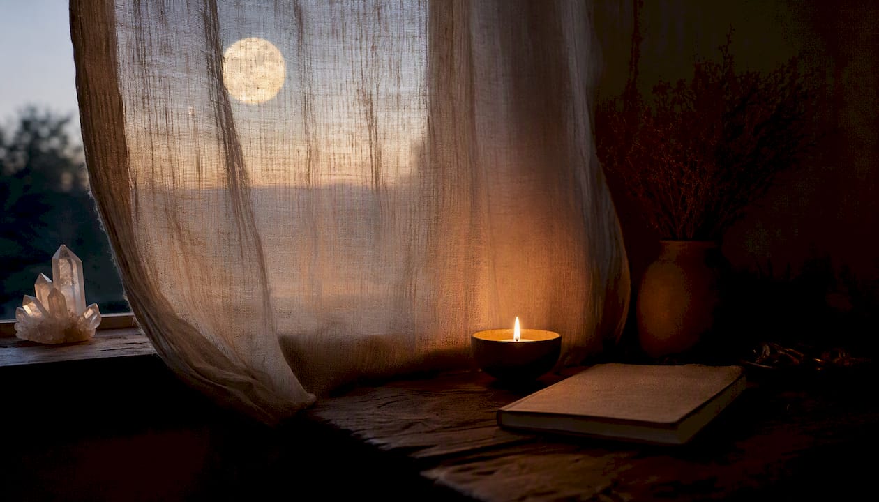 Full moon through curtain with candle and crystals