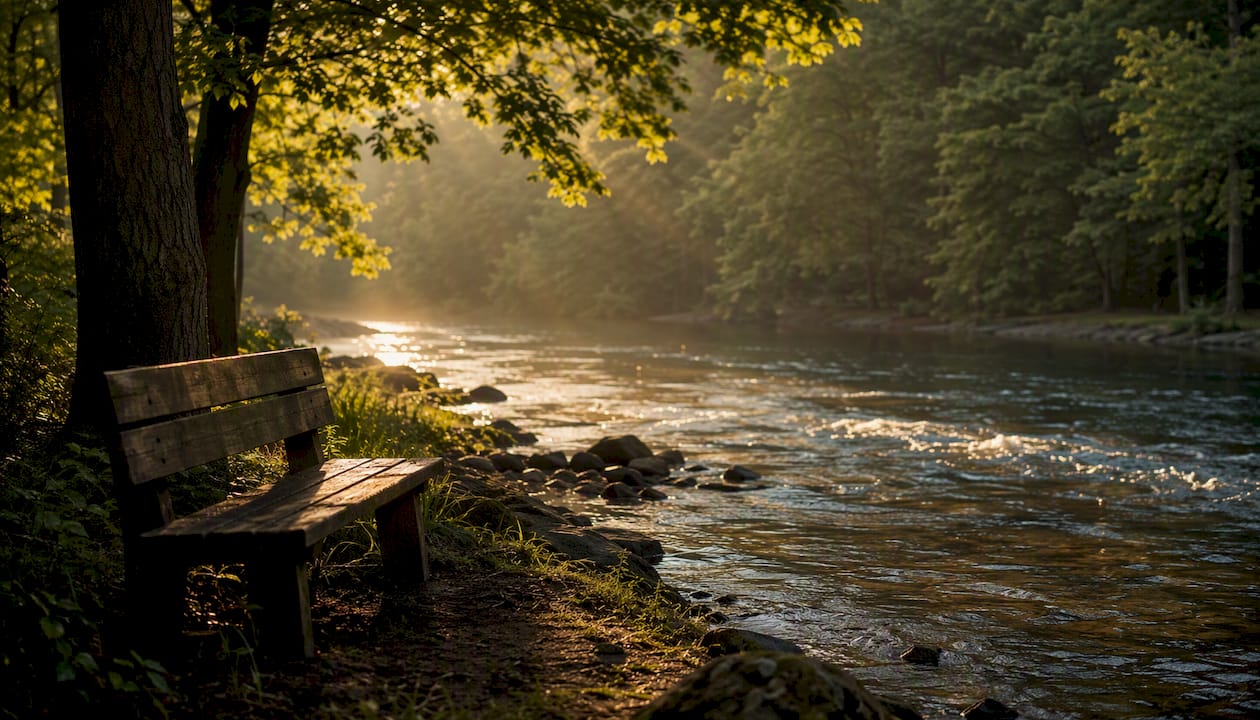 Empty park bench in morning light