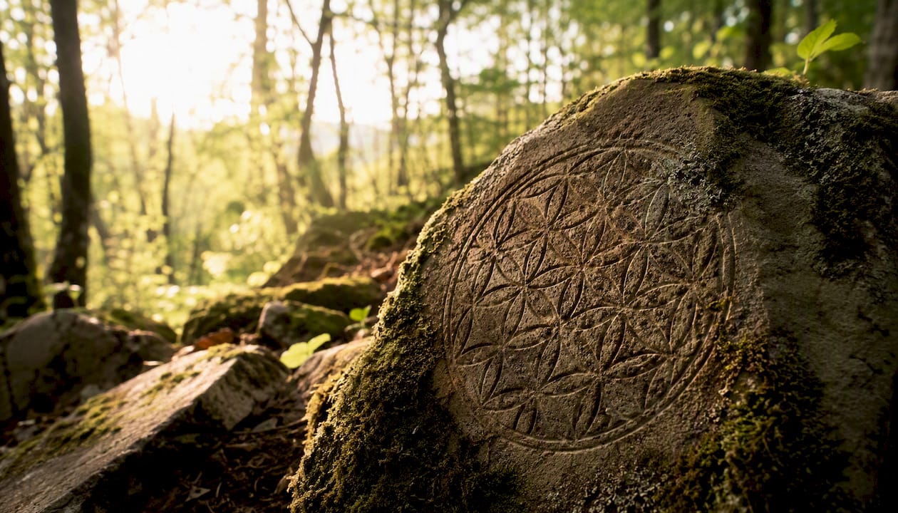 Ancient geometric carvings on mossy stone