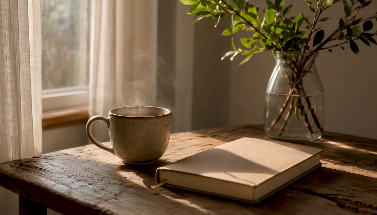 Cozy home table with tea cup and notebook
