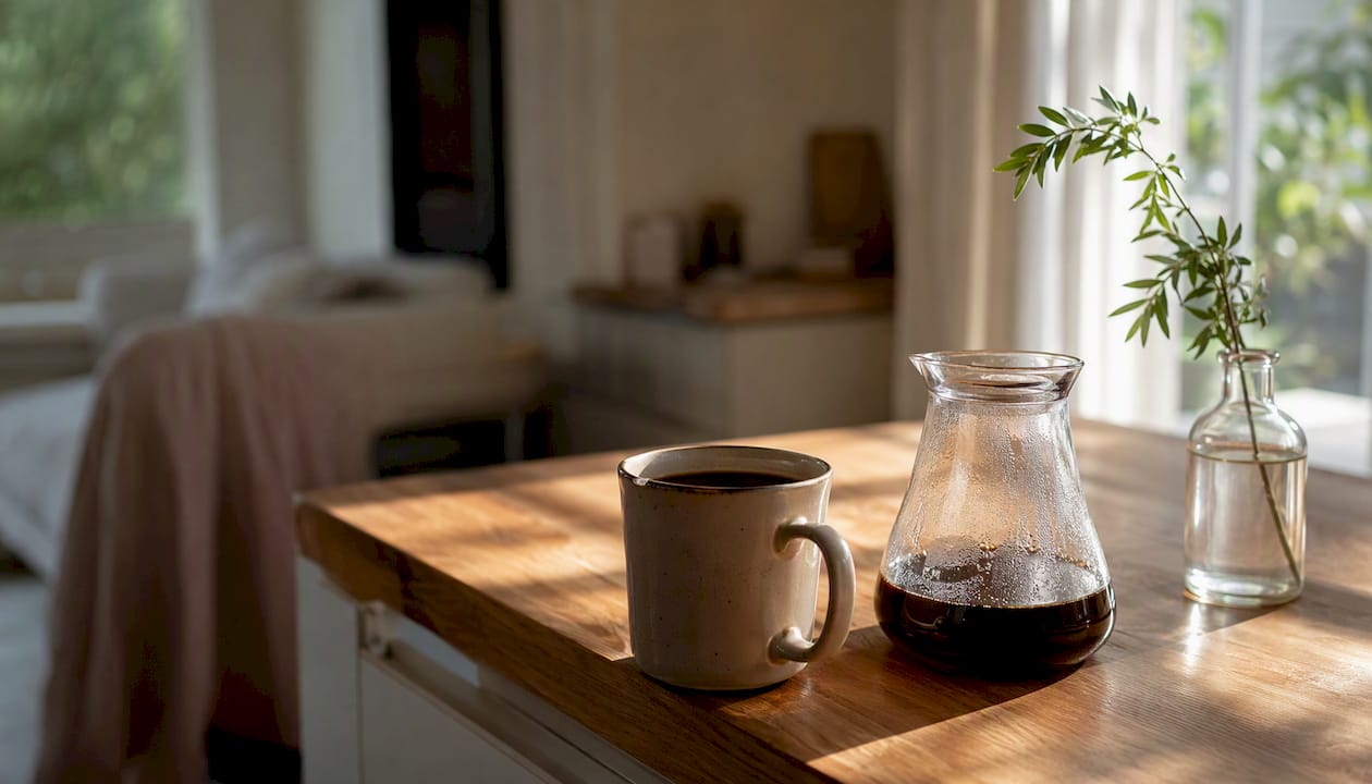 Morning coffee mug and water carafe on table