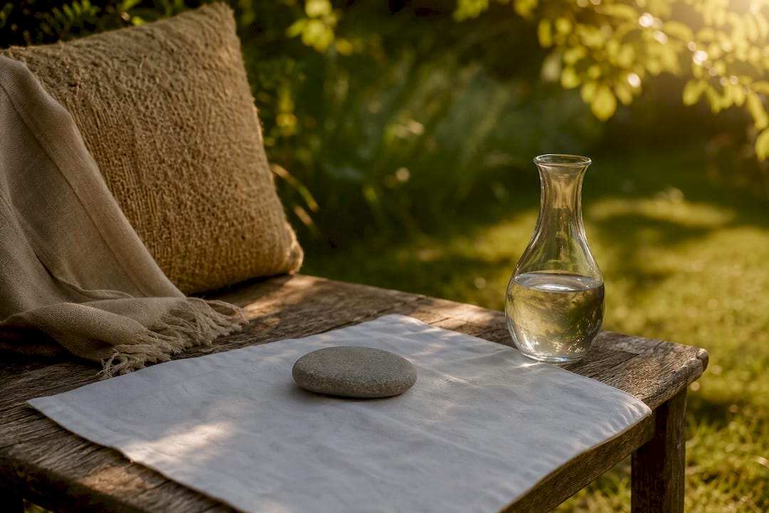 Calm therapy space with stone and water carafe
