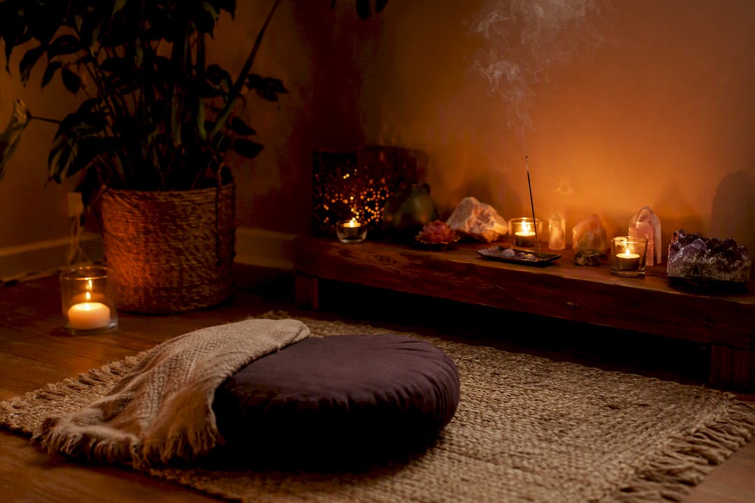 Meditation space with incense and crystals