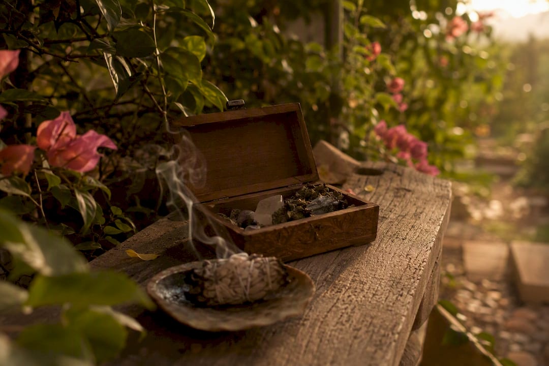 Shamanic altar with ritual items and candlelight