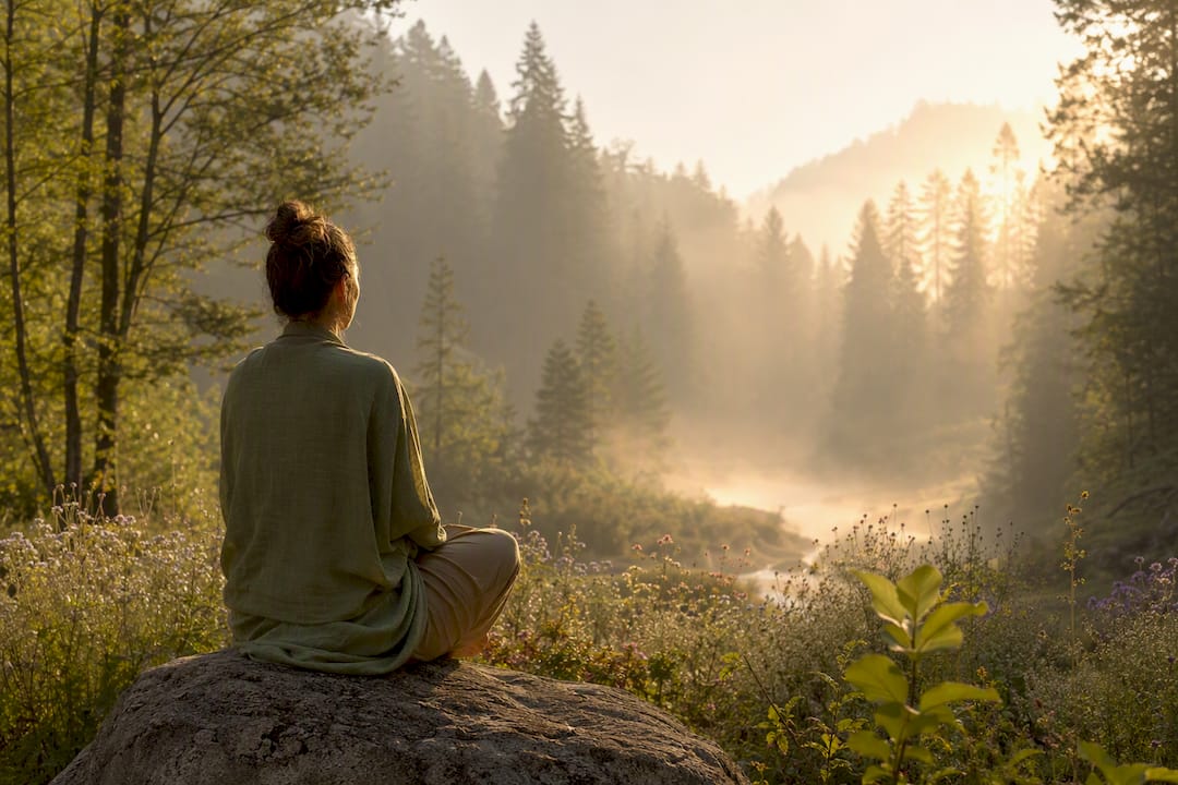Meditating figure at sunrise by stream