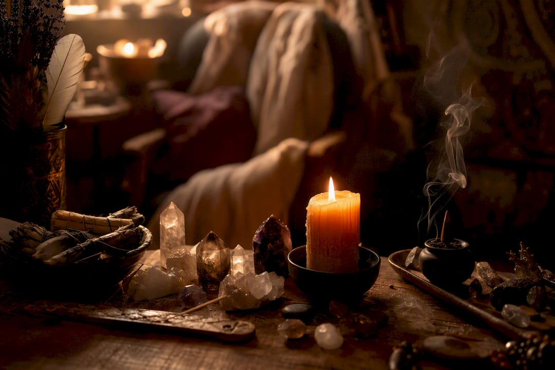 Altar with candlelight and crystals
