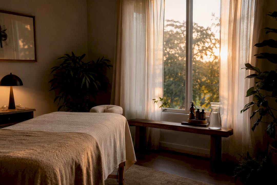 Therapy room with massage table and natural light