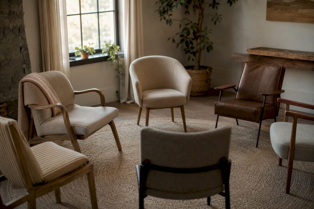 Empty circle of chairs in sunlit room