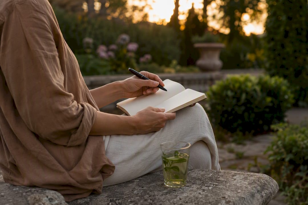 Hands holding pen above journal outdoors