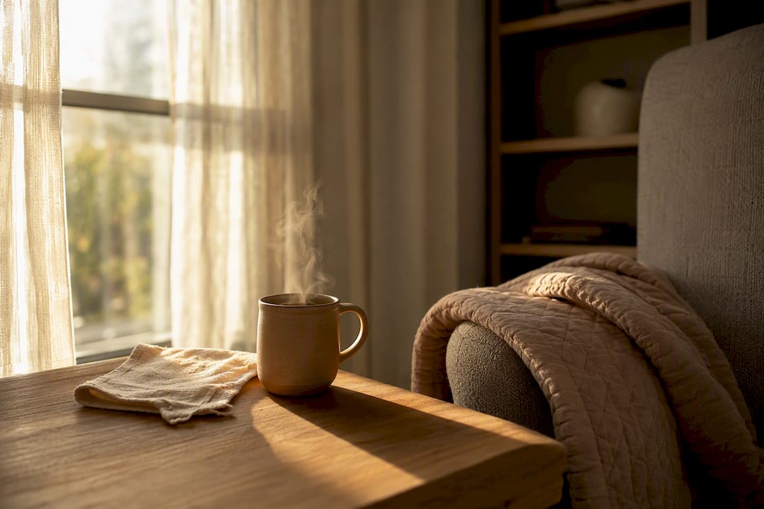 Quiet desk with notebook and warm mug