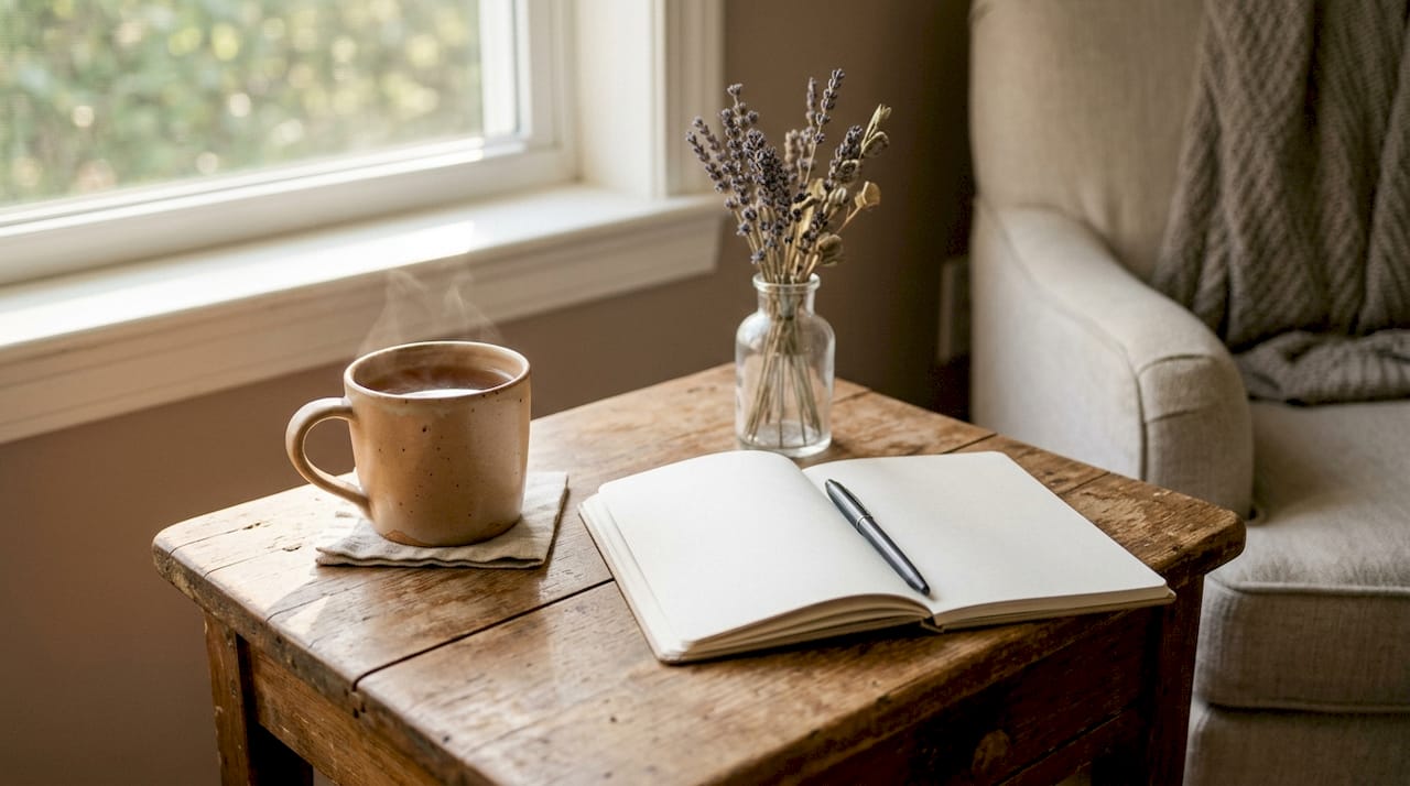 Table with tea mug and journal in calm room