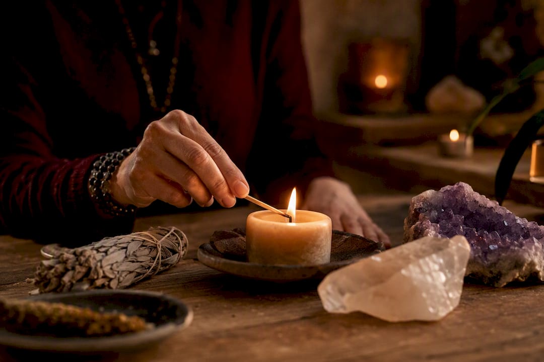 Hands lighting candle near crystals and sage