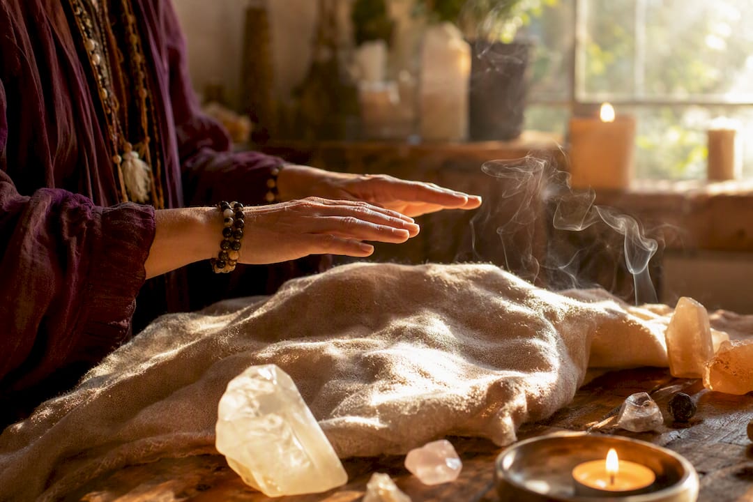 Hands performing distance Reiki over altar