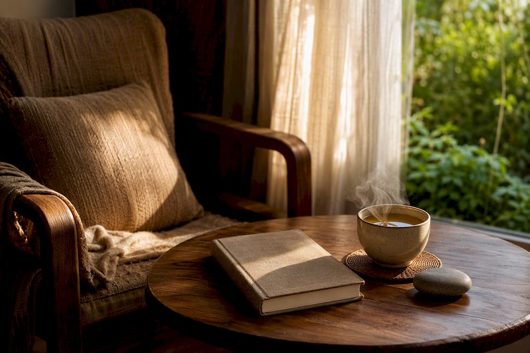 Rincón de la sala de estar con taza de té y diario.