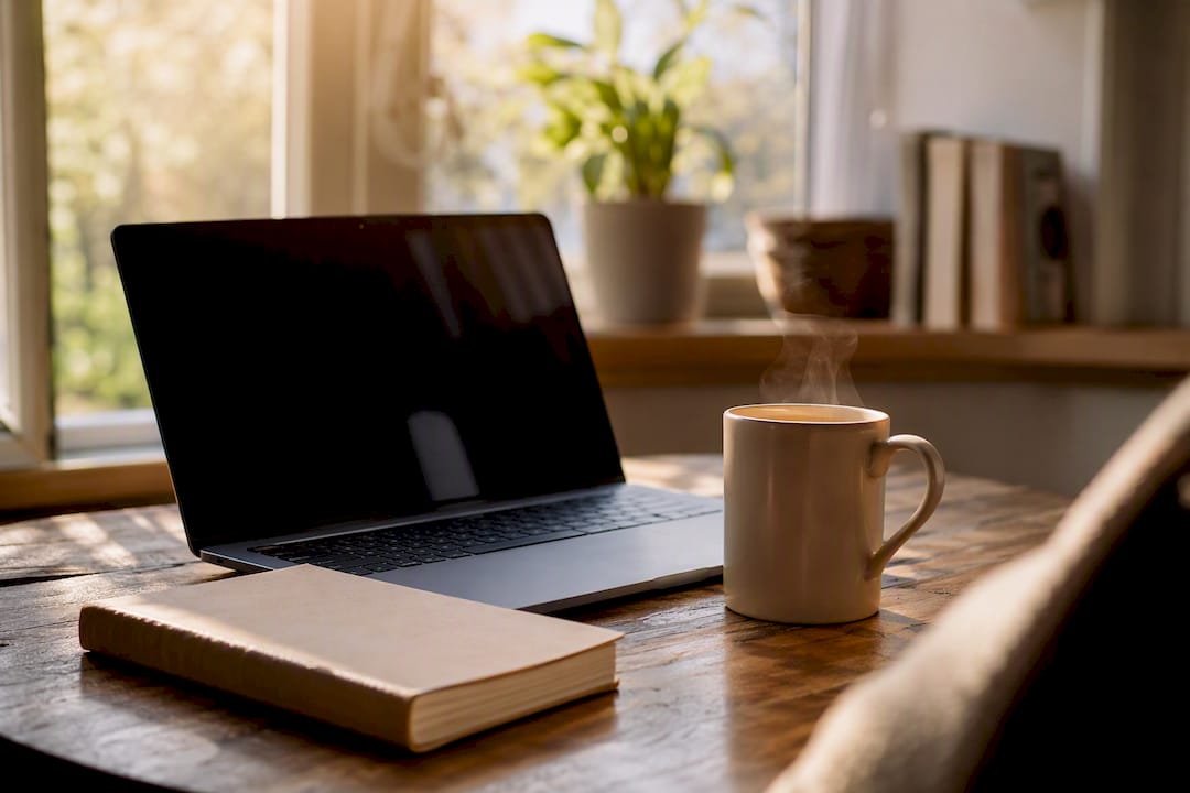 Laptop and notepad on home office desk